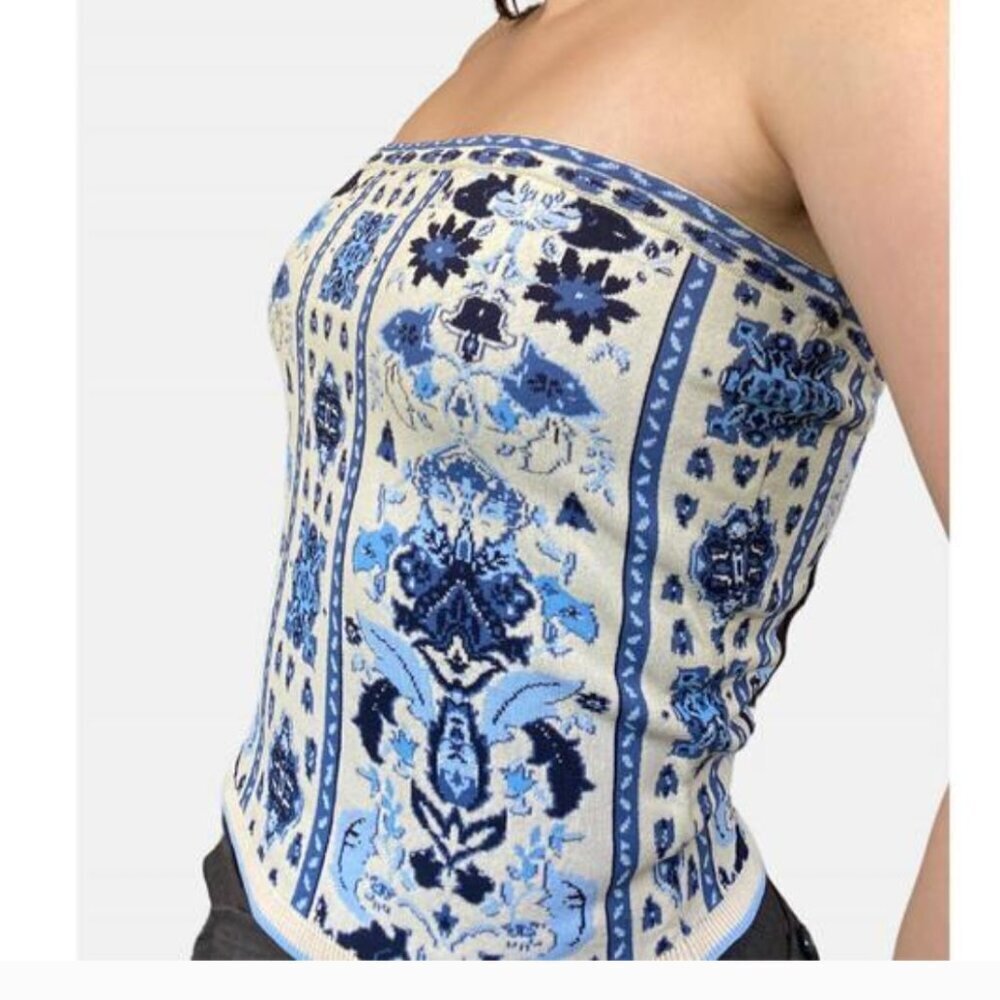Cara Cara Blue and Cream Strapless Patterned Knit Tube Top